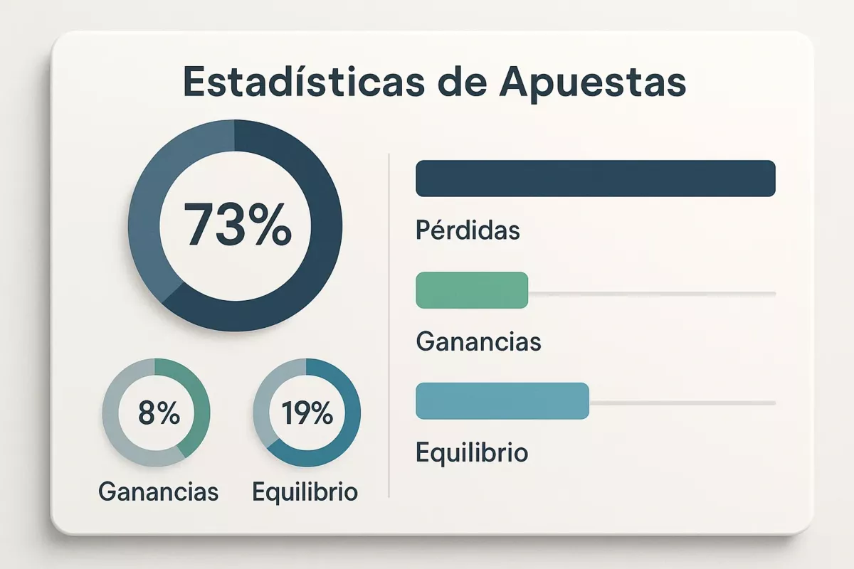Infografía mostrando estadísticas de apostadores: 73% pierden, 8% ganan, 19% empatan