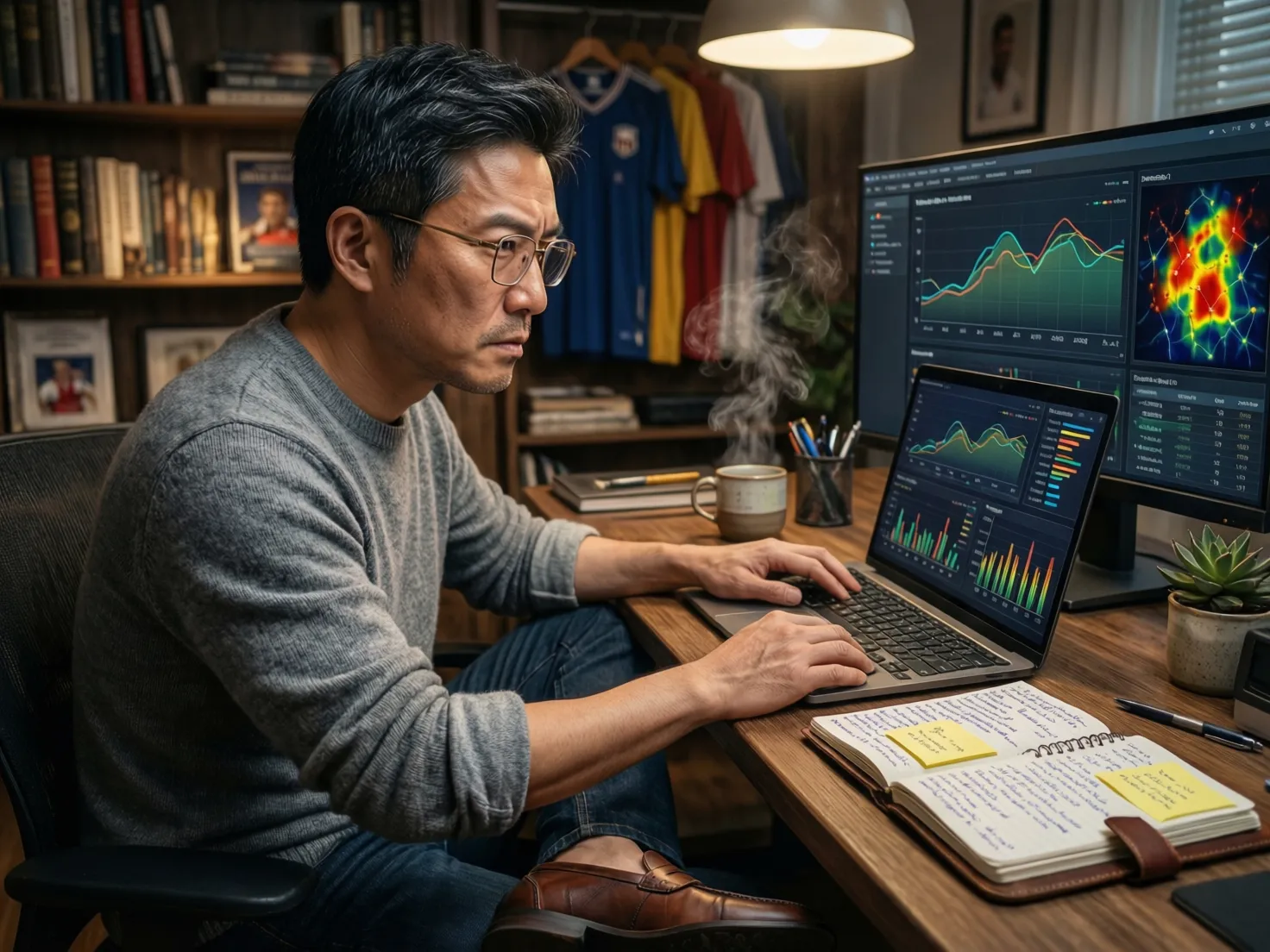 Persona analizando gráficos y datos estadísticos de fútbol en un ordenador