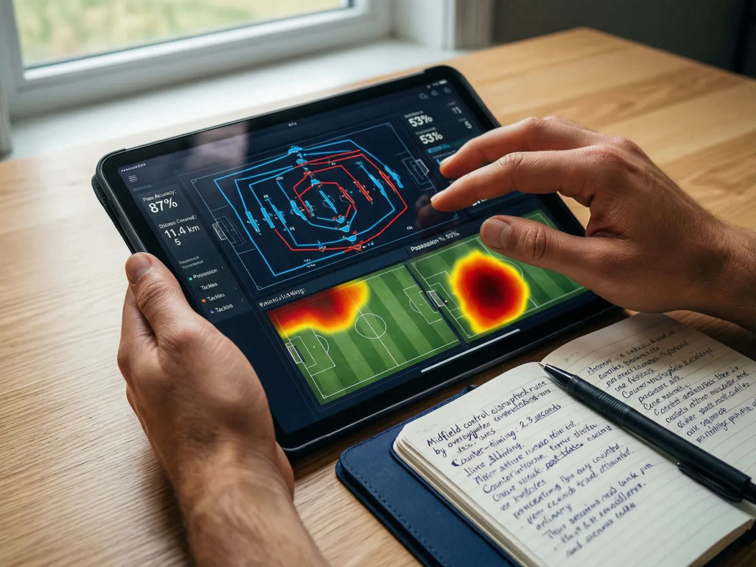 Persona analizando estadísticas de fútbol en una tablet con notas escritas