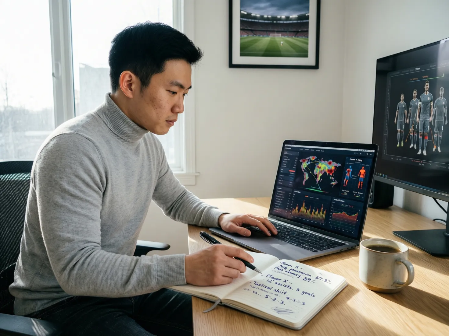 Persona estudiando datos estadísticos de fútbol en un portátil con notas a mano