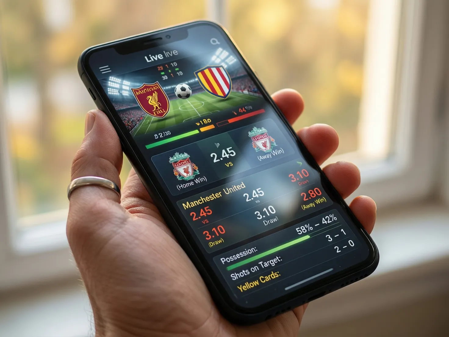 Smartphone mostrando la interfaz de una aplicación de apuestas con opciones de fútbol en directo