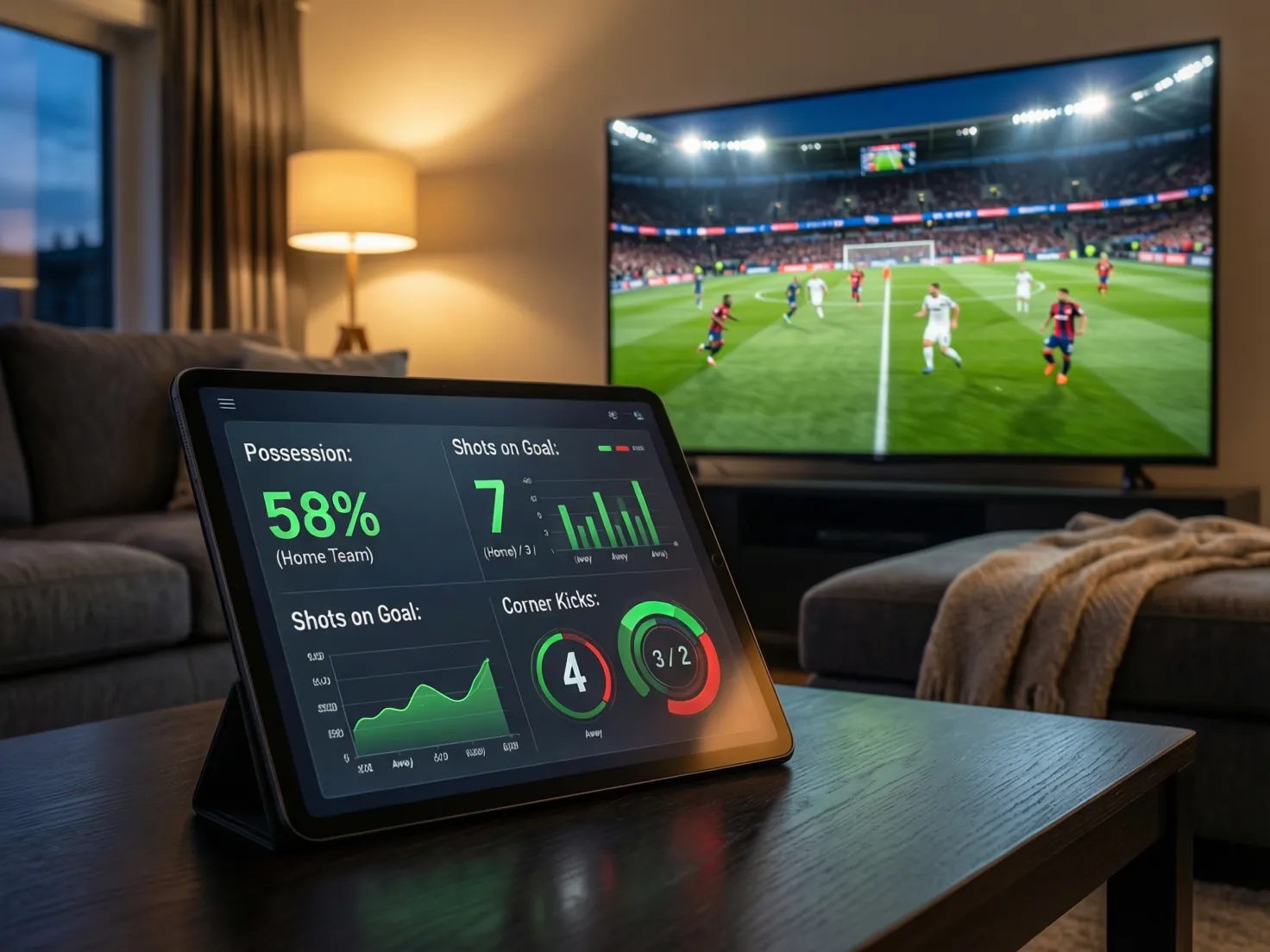 Pantalla dividida mostrando un partido de fútbol y estadísticas en tiempo real