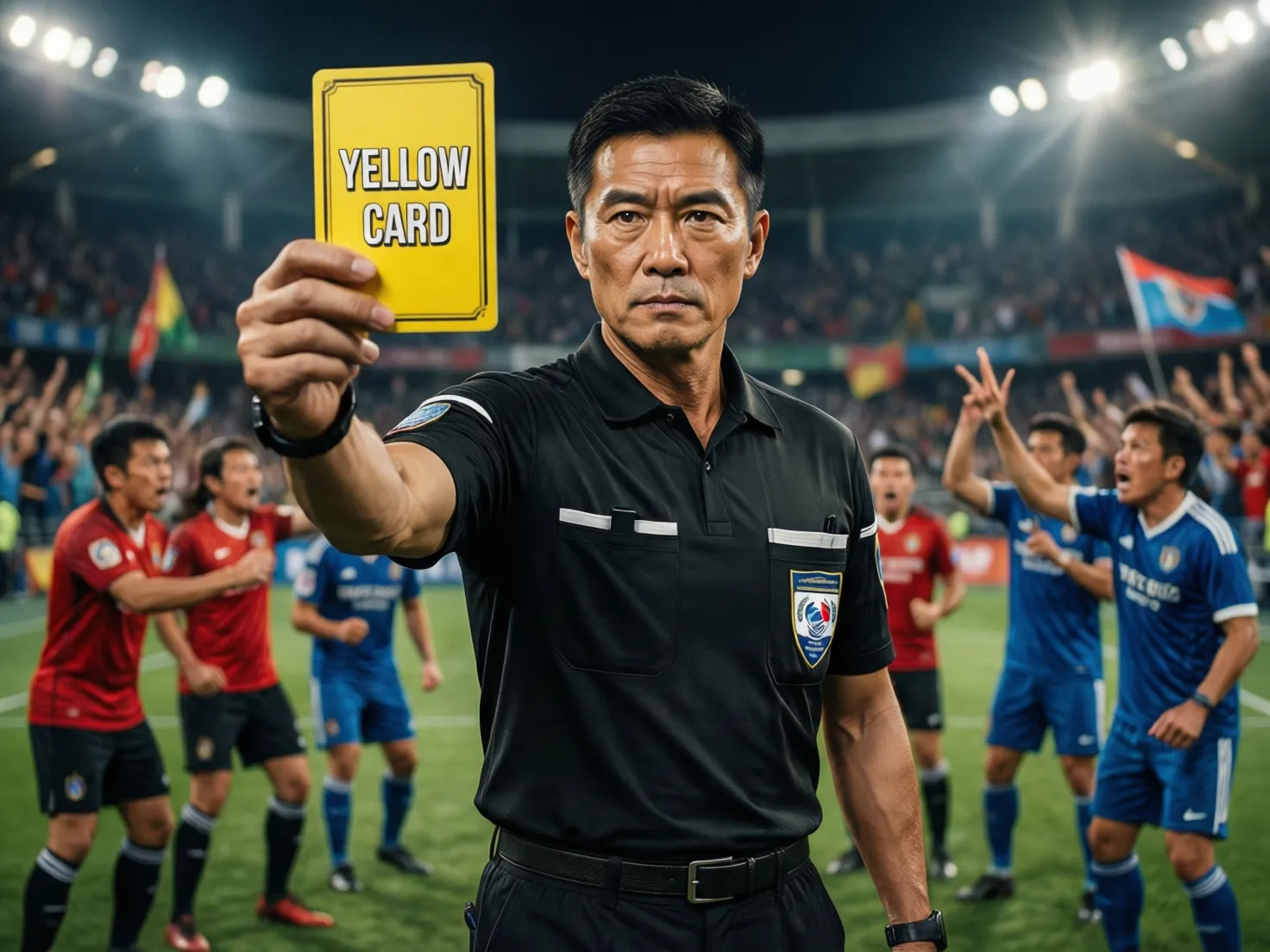 Árbitro mostrando una tarjeta amarilla durante un partido de fútbol internacional