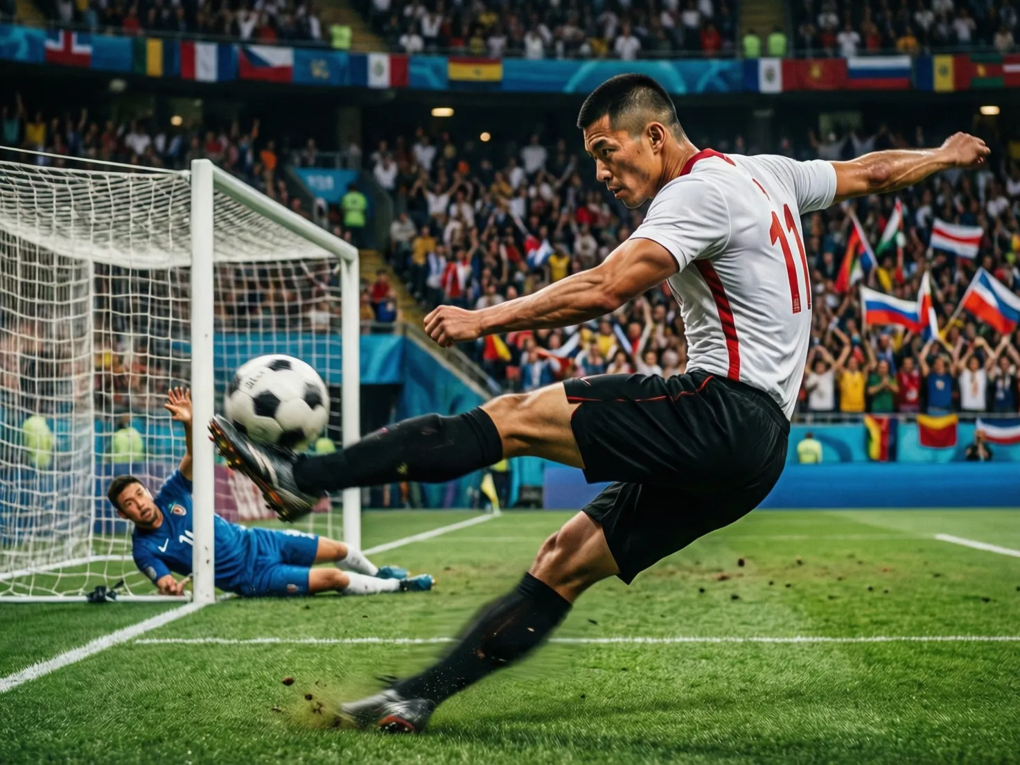 Delantero disparando a portería durante un partido de selecciones europeas