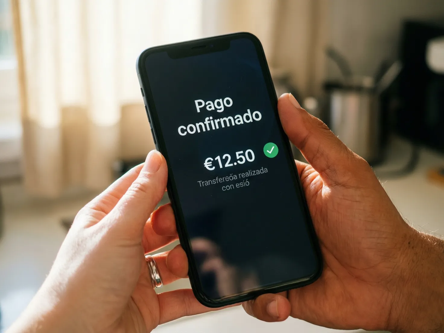 Manos realizando un pago instantáneo con Bizum desde un teléfono móvil