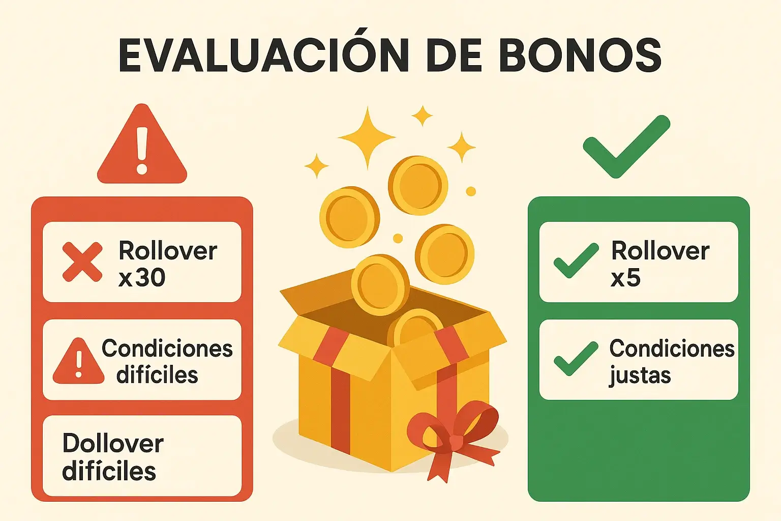 Guía visual para identificar bonos buenos y malos en casas de apuestas con ejemplos de requisitos
