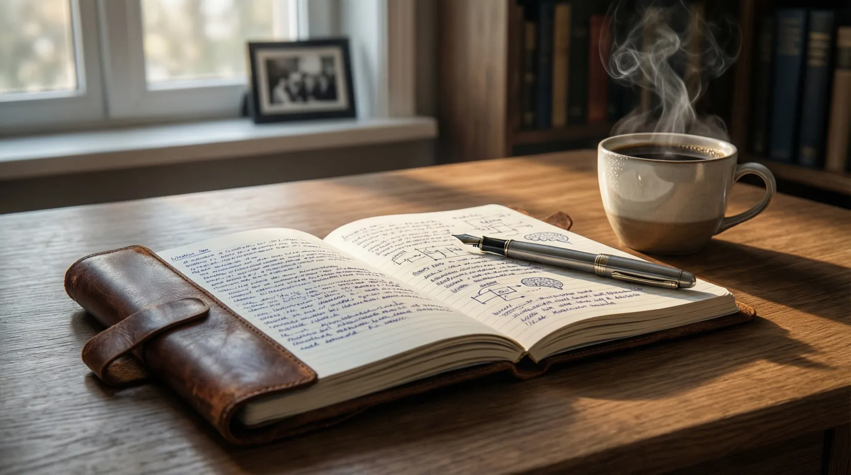 Mesa de trabajo con bloc de notas, bolígrafo y una taza de café para planificación