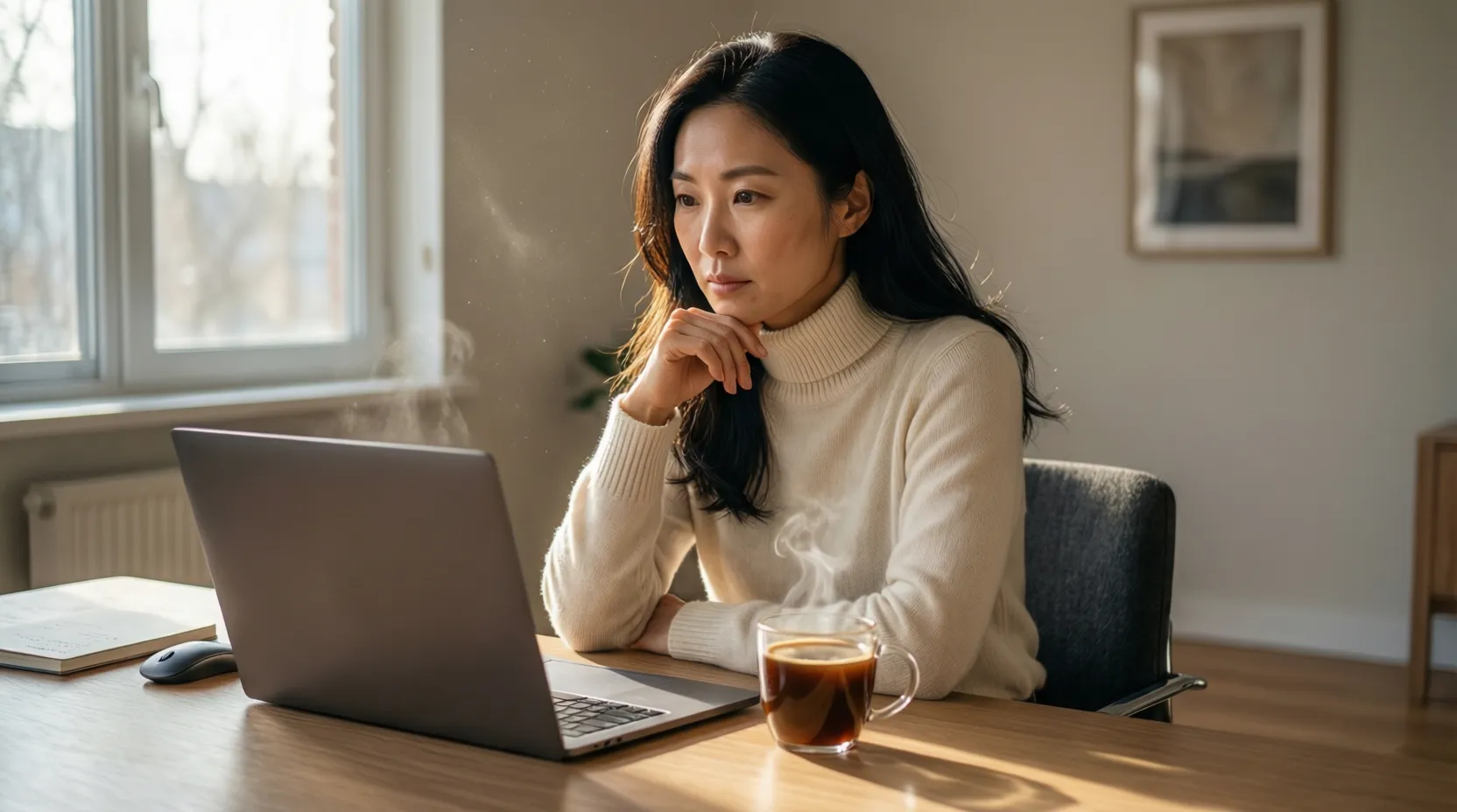 Persona pensativa analizando información en una pantalla de ordenador