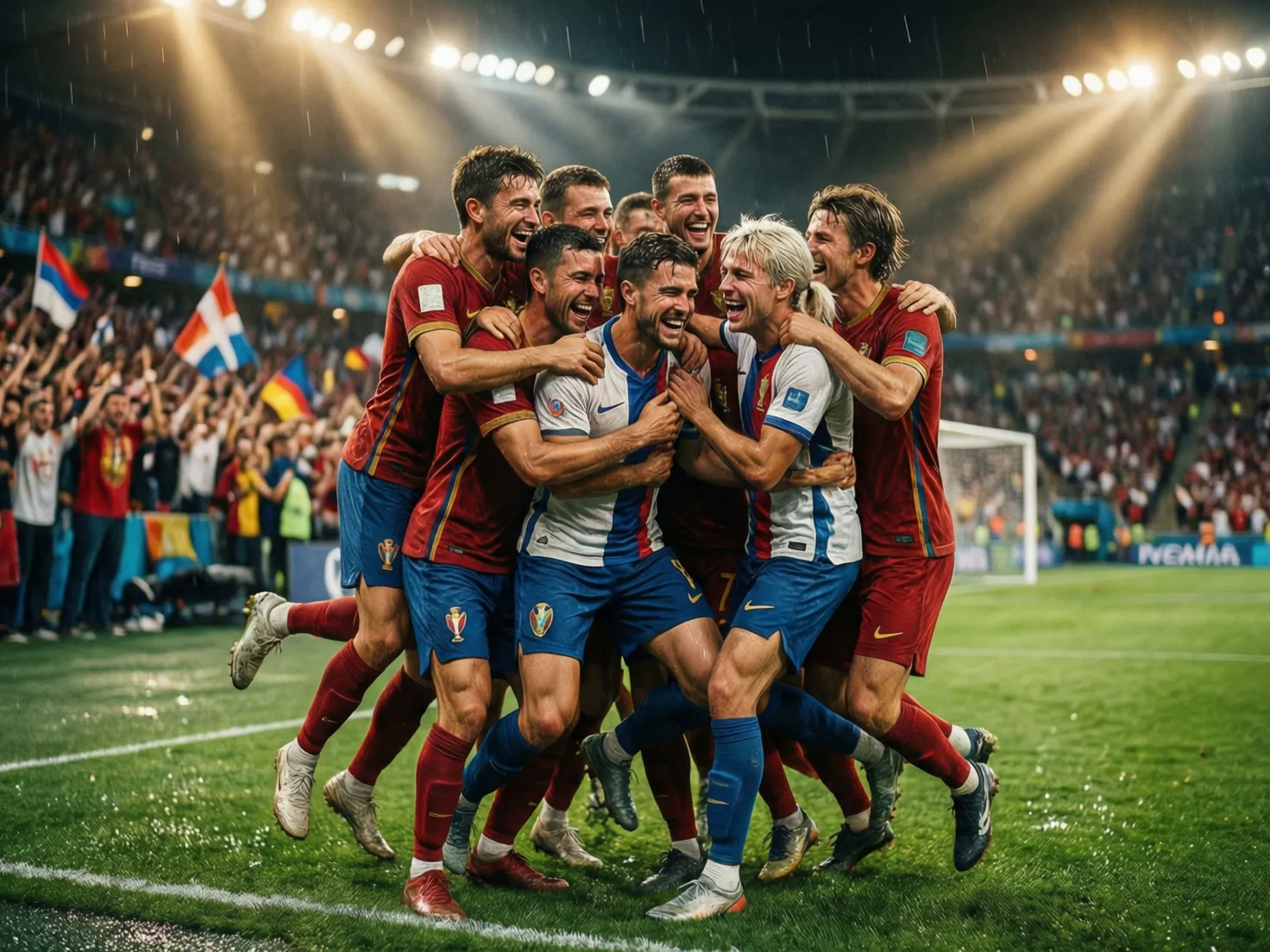 Jugadores de una selección nacional celebrando un gol abrazados