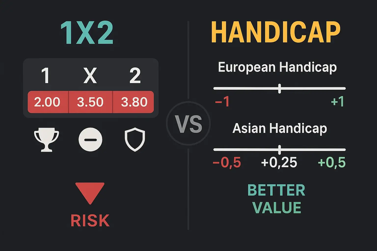 Comparación visual entre apuestas 1X2 y hándicaps europeos y asiáticos con ventajas de cada tipo