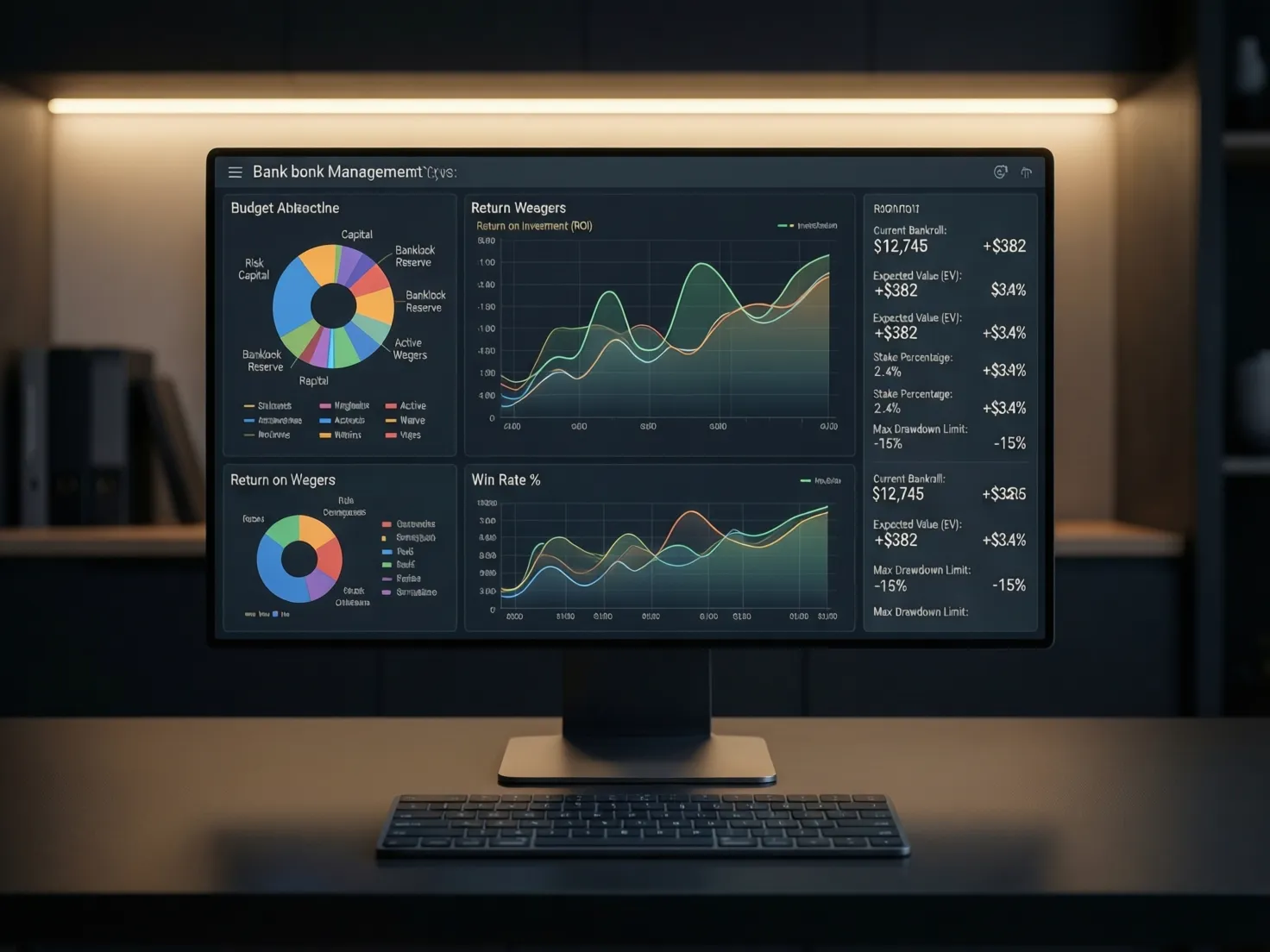 Pantalla de ordenador mostrando gráficos y cálculos de gestión de bankroll