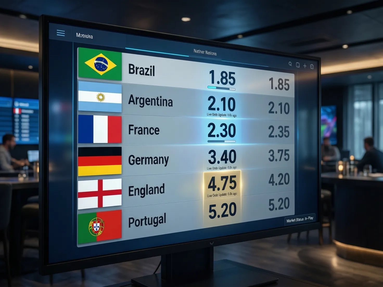 Pantalla mostrando cuotas de apuestas para diferentes selecciones de fútbol