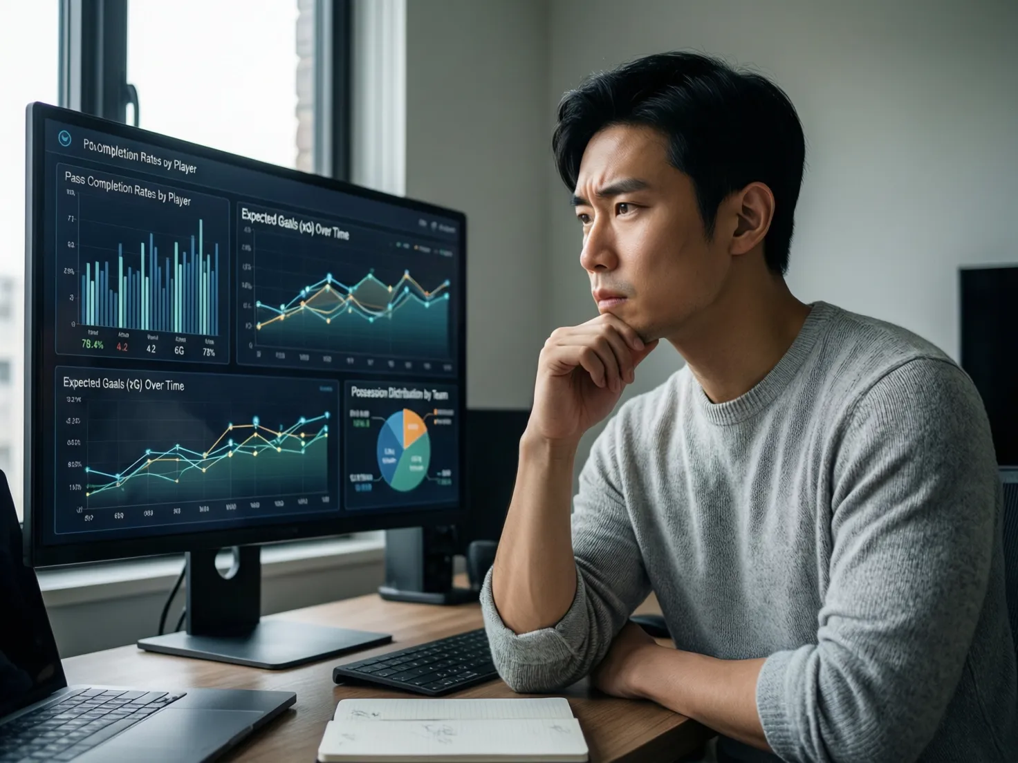Persona reflexionando frente a gráficos estadísticos de fútbol en pantalla