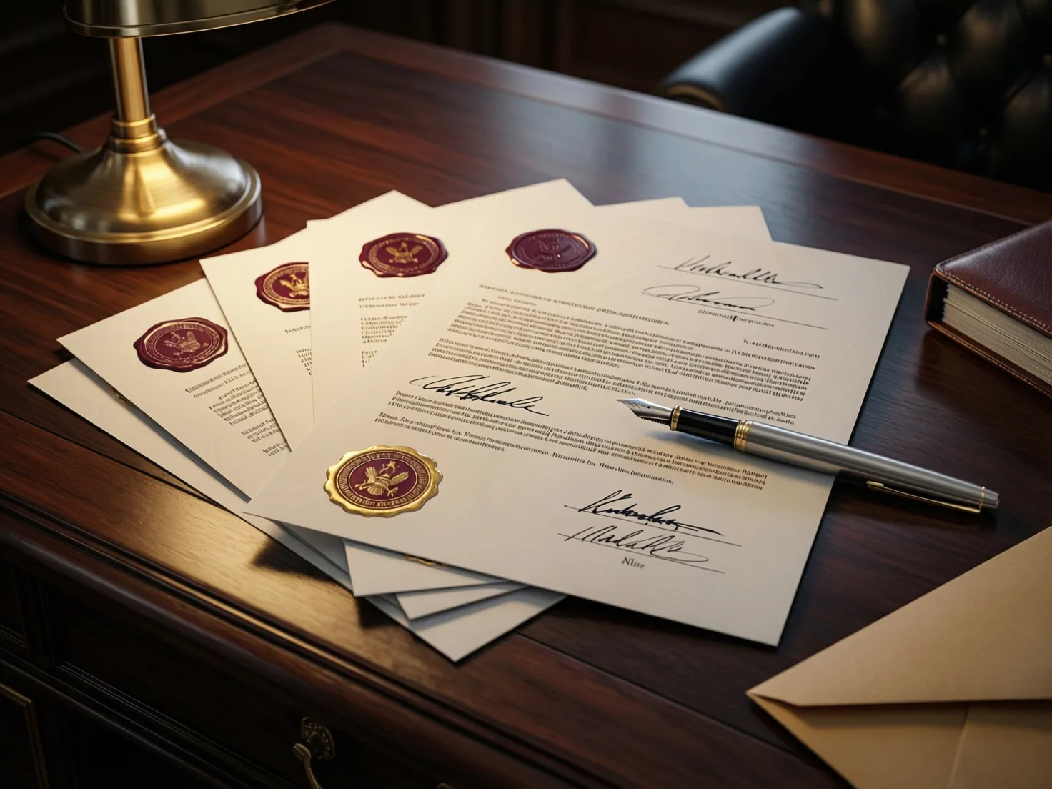 Documentos oficiales y certificados legales sobre un escritorio profesional