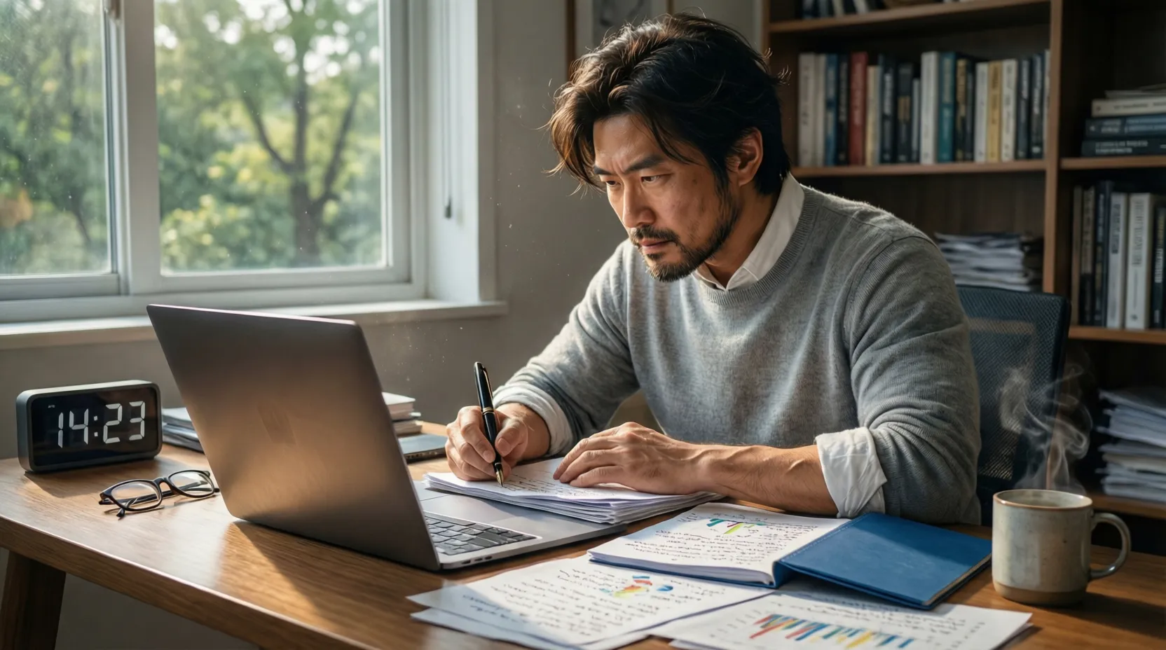 Persona analizando estadísticas de fútbol en un portátil con notas en papel