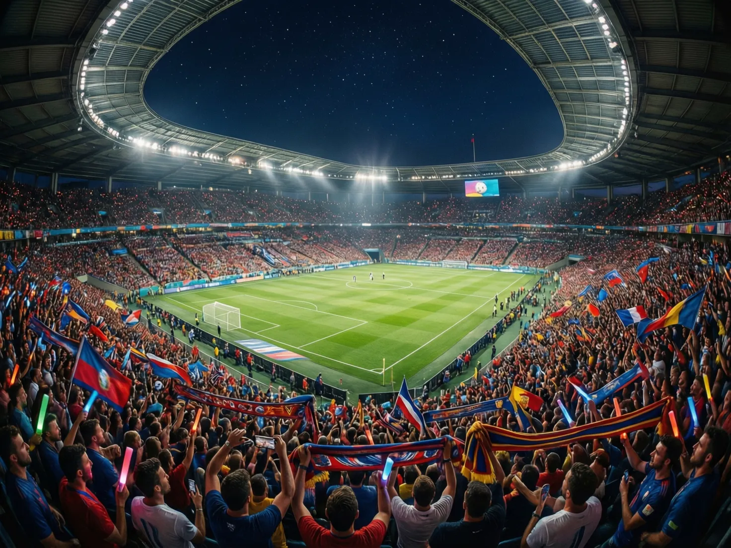 Vista panorámica de un estadio lleno durante un partido nocturno de la Eurocopa