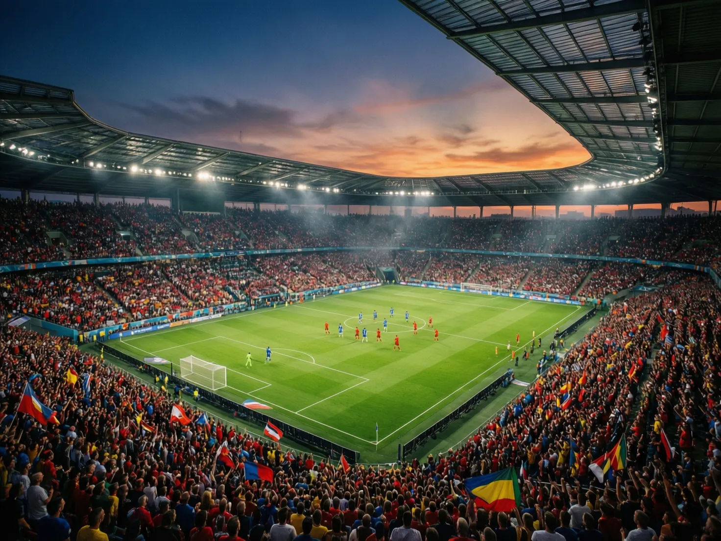 Estadio de fútbol europeo lleno de aficionados durante un partido nocturno
