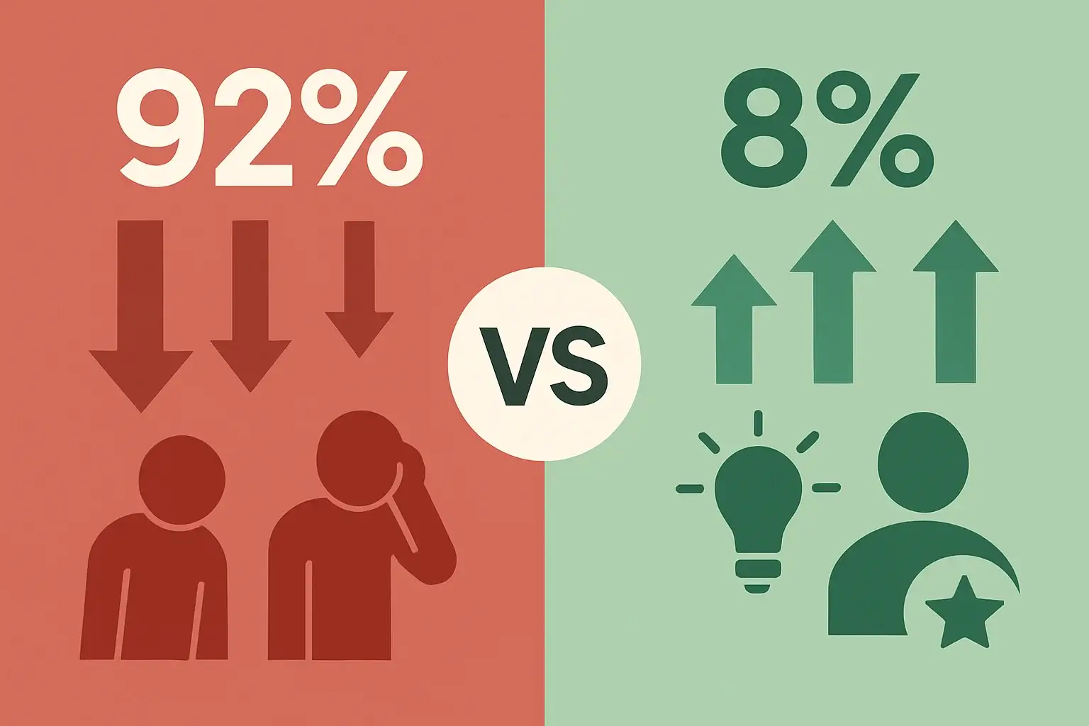 Comparación visual entre el 92% de apostadores perdedores y el 8% ganadores en torneos de fútbol