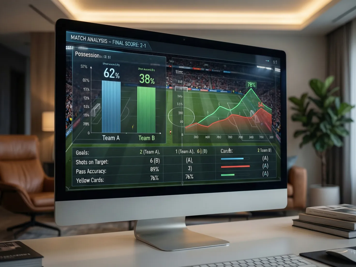 Pantalla mostrando estadísticas detalladas de un partido de fútbol