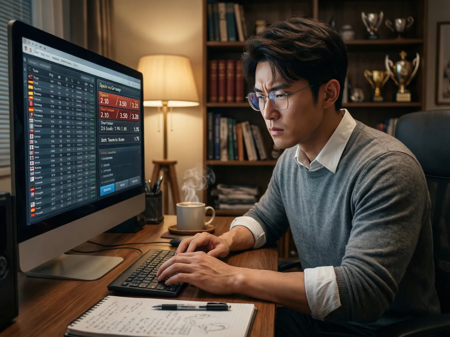 Persona analizando tablas de grupos y cuotas de apuestas en ordenador