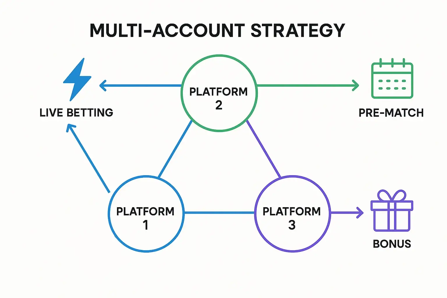 Diagrama de estrategia multicuenta para optimizar apuestas en diferentes casas según ventajas específicas