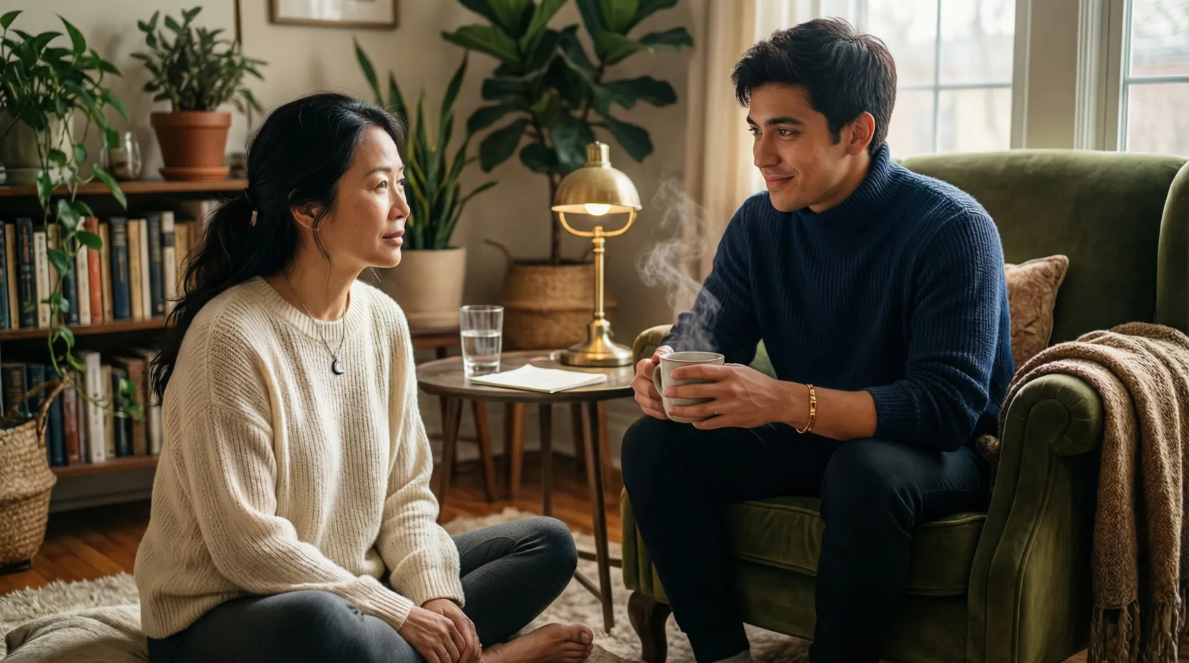 Dos personas en conversación de apoyo en un ambiente cálido y acogedor