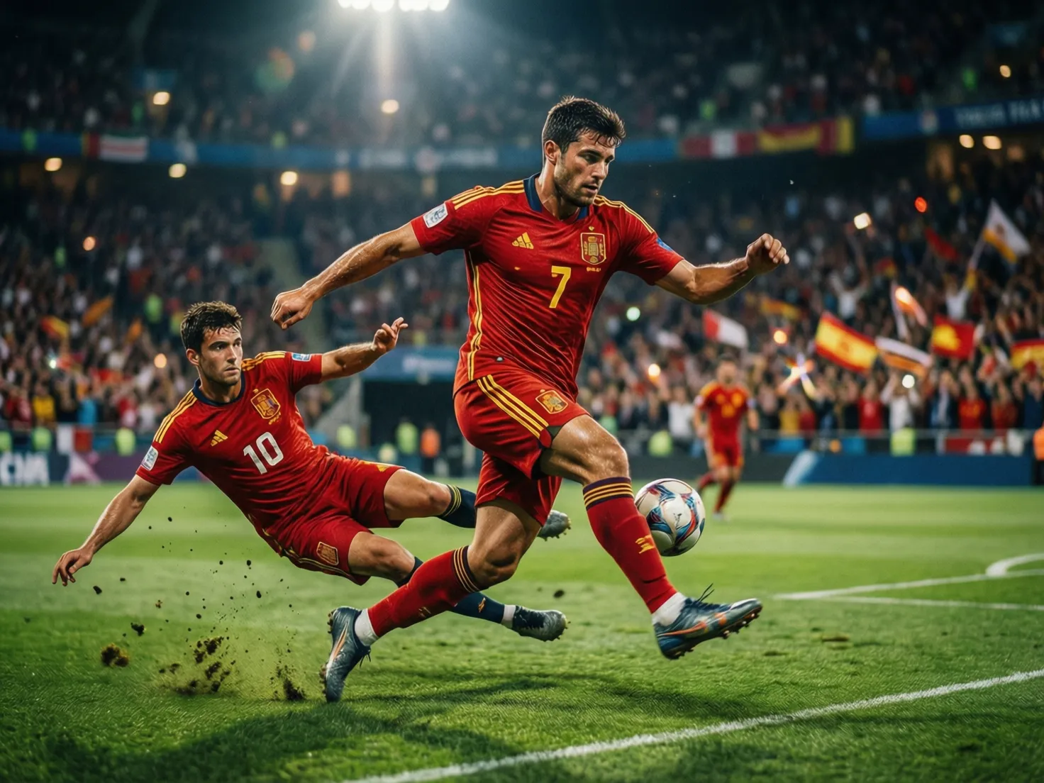 Jugadores españoles de fútbol en acción durante un partido internacional