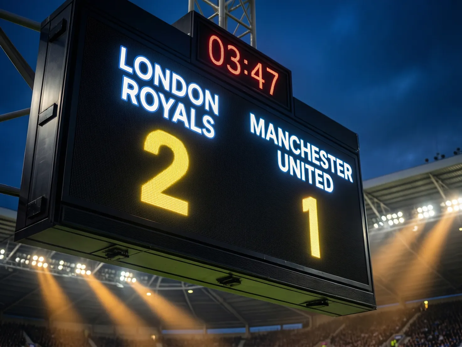 Marcador electrónico de un estadio mostrando el resultado de un partido de fútbol