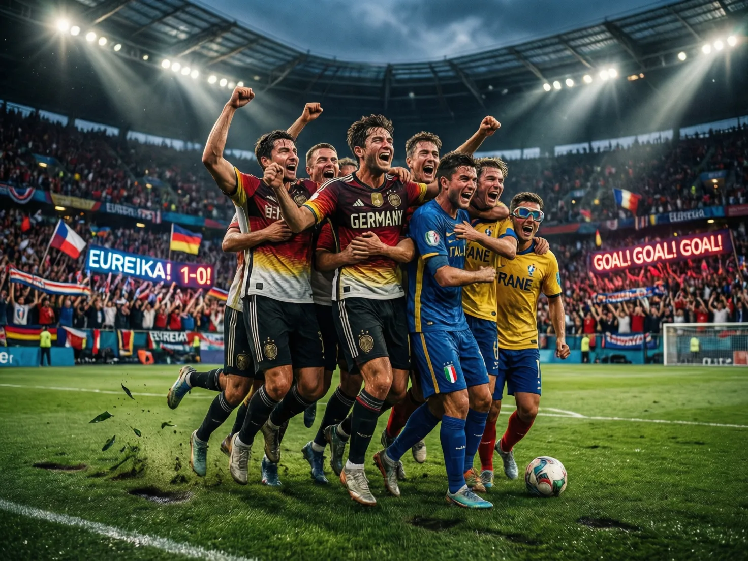 Jugadores celebrando un gol durante un partido de la Eurocopa