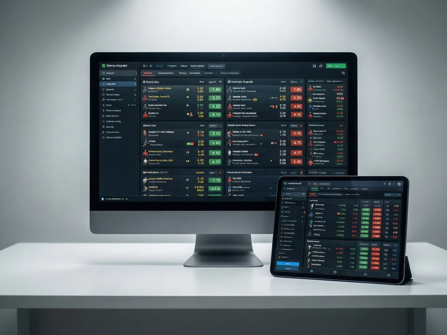 Escritorio con ordenador y tablet mostrando diferentes plataformas de apuestas deportivas