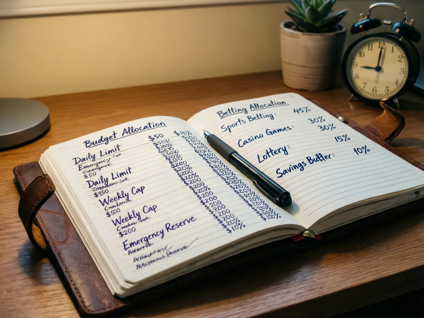 Cuaderno con plan de apuestas y distribución de presupuesto escrito a mano