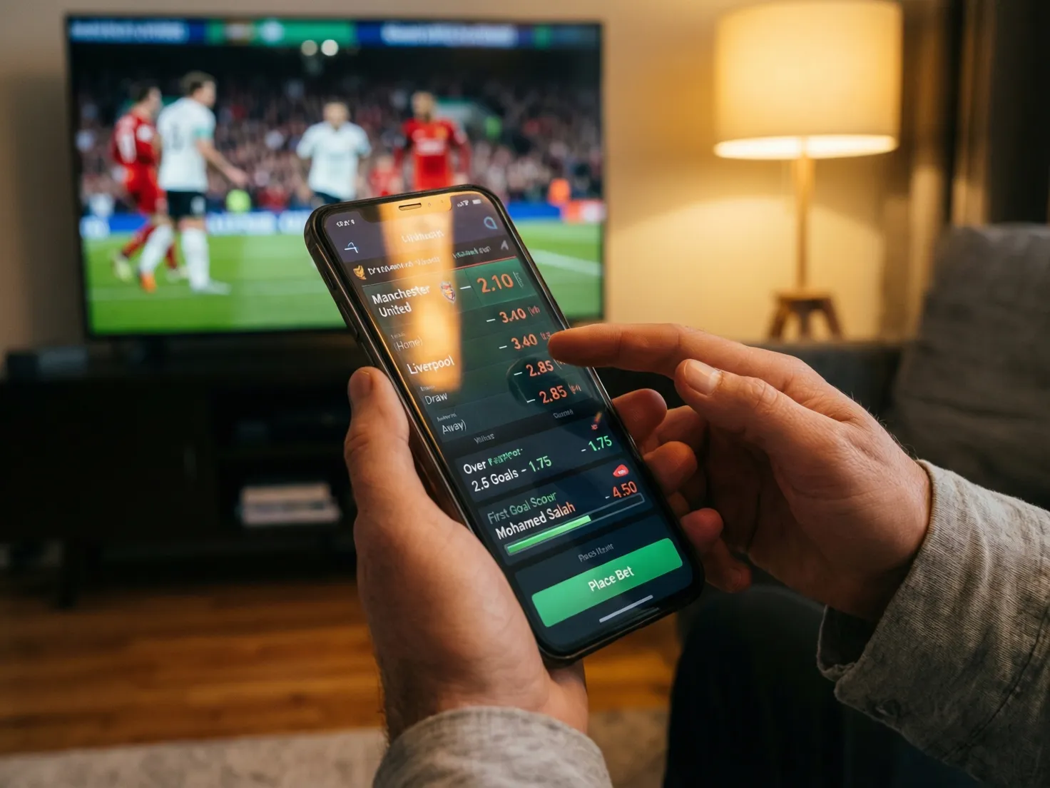 Persona utilizando una aplicación de apuestas deportivas en su teléfono móvil