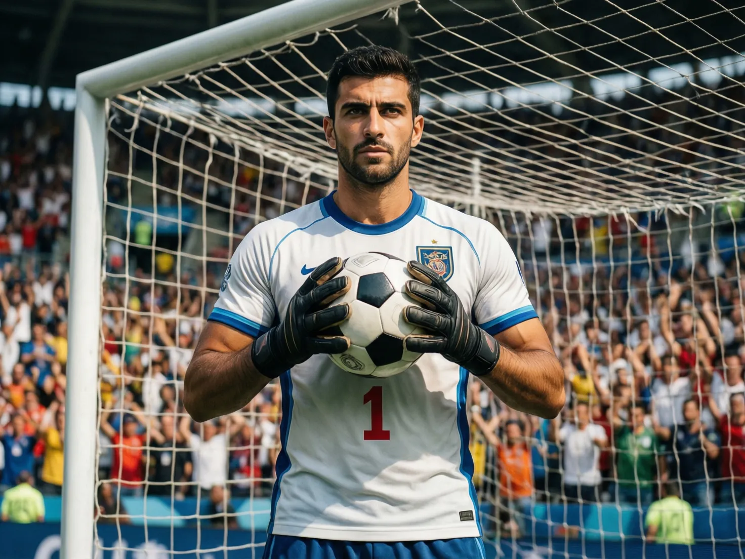 Portero atrapando el balón con seguridad durante un partido internacional