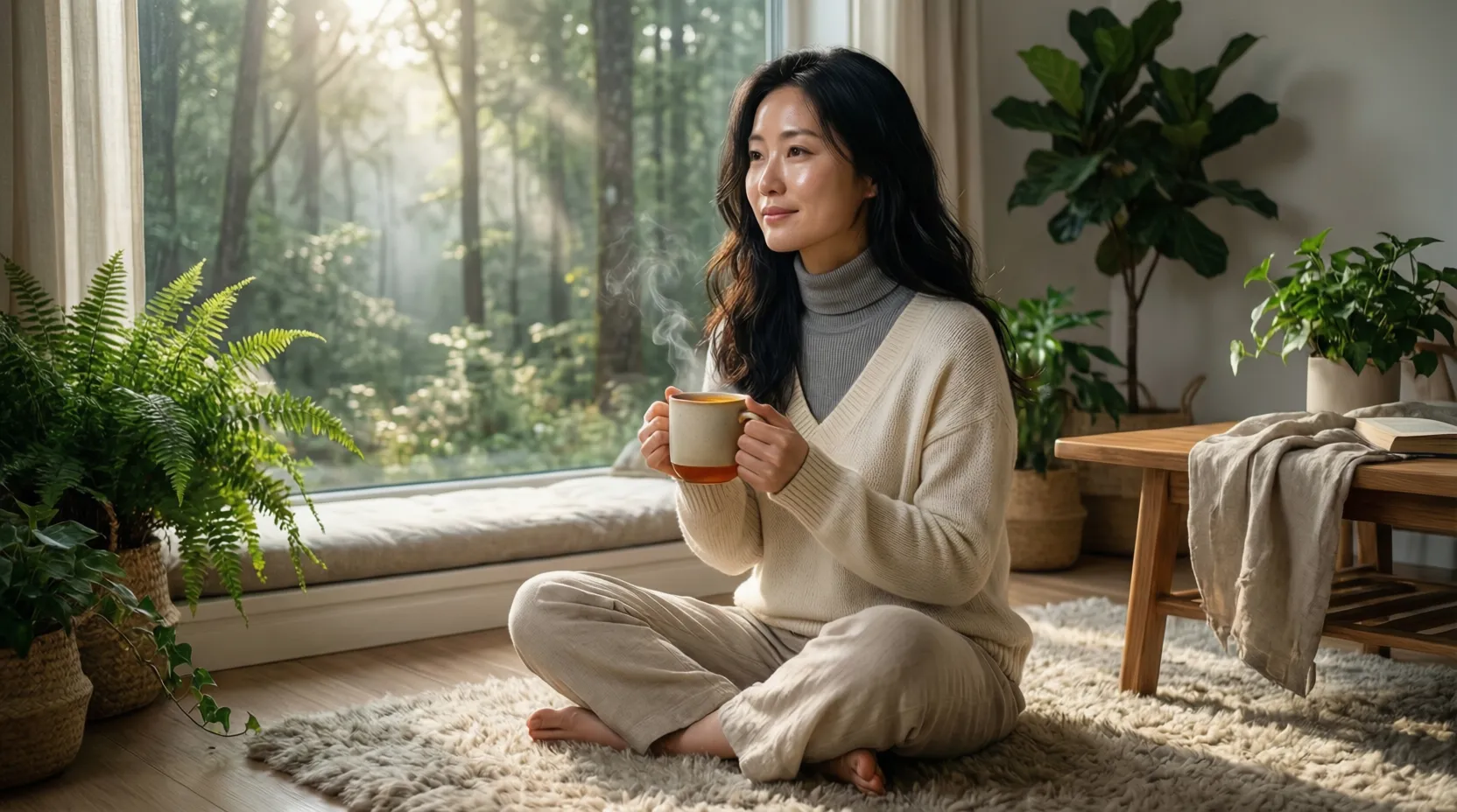 Persona relajada tomando un café junto a una ventana con vista al exterior