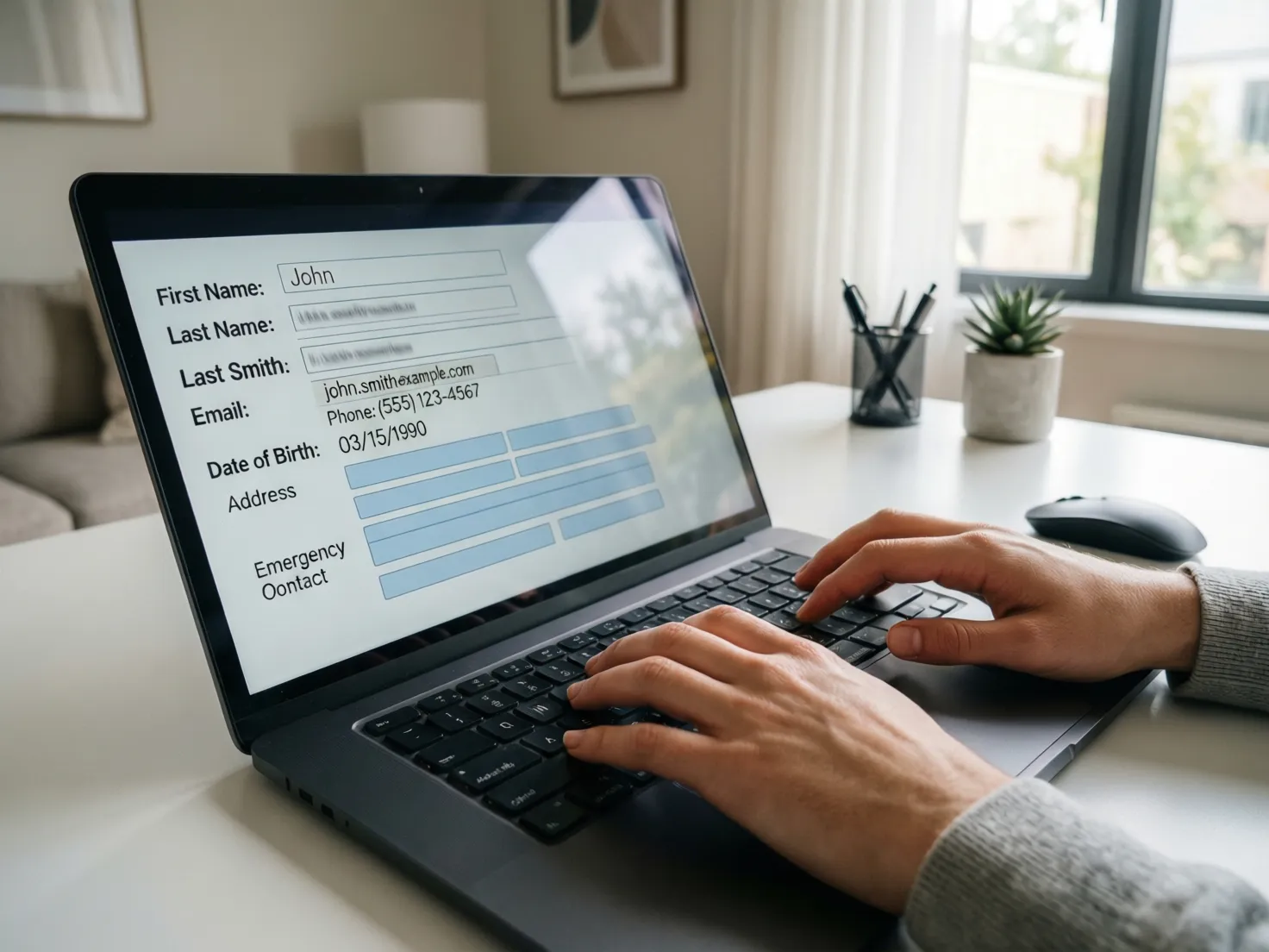 Persona completando un formulario de registro en línea desde su ordenador