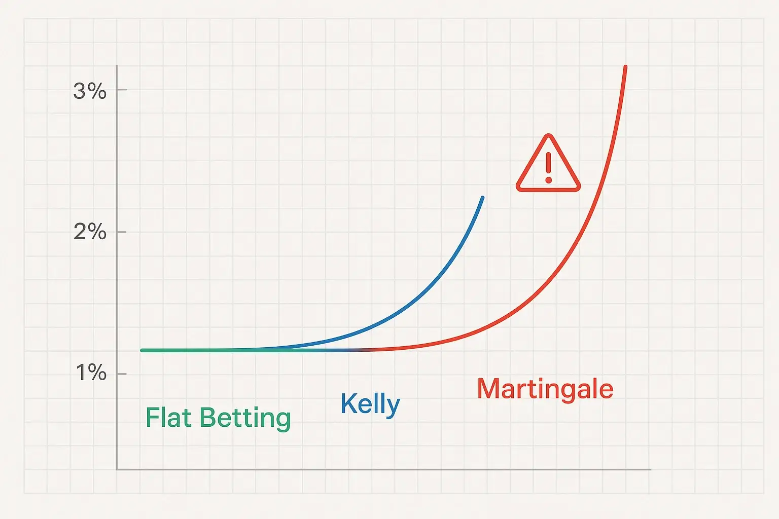 Comparativa visual de sistemas de staking: Flat Betting, Kelly Criterion y Martingala para gestión de apuestas