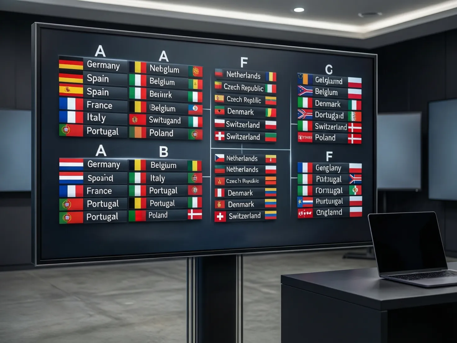 Pantalla mostrando los grupos de la Eurocopa con banderas de las selecciones