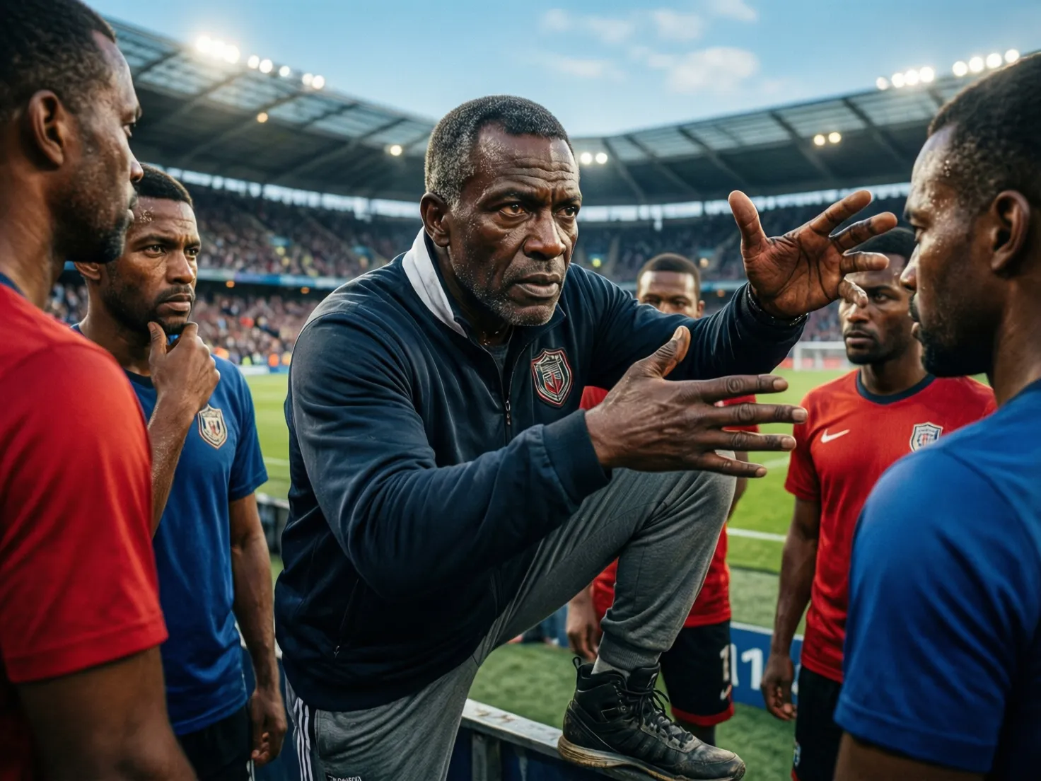 Entrenador dando instrucciones tácticas durante un partido eliminatorio