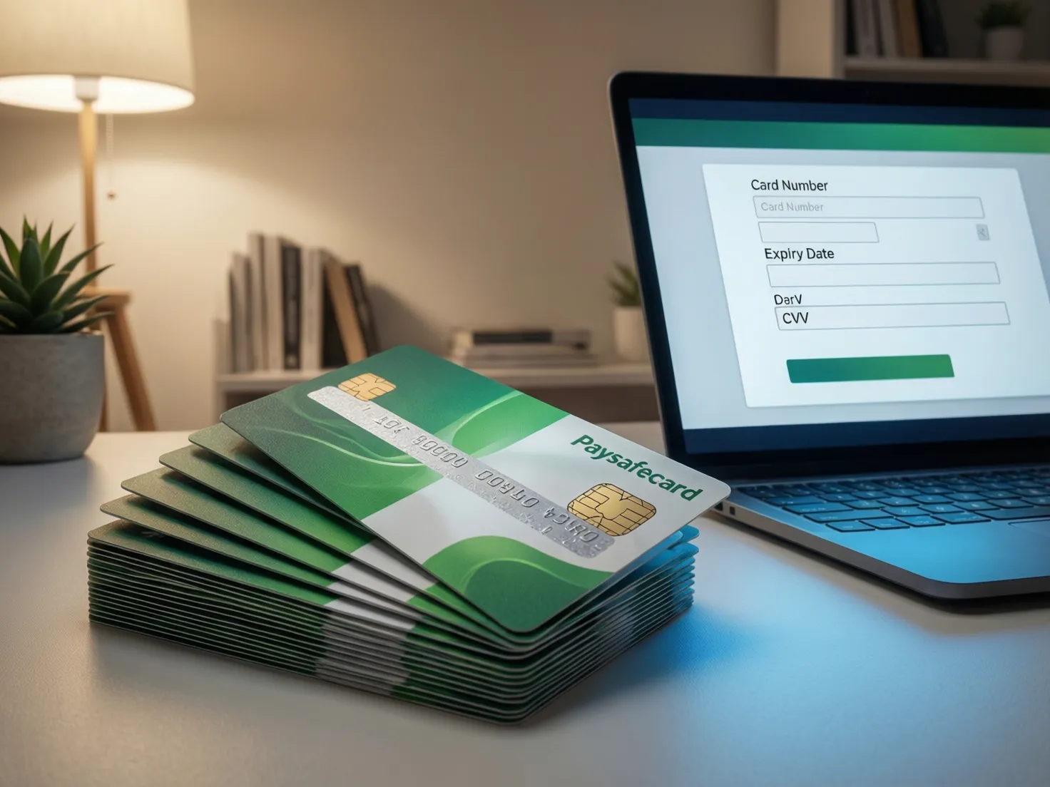 Tarjetas prepago Paysafecard sobre una mesa junto a un ordenador portátil